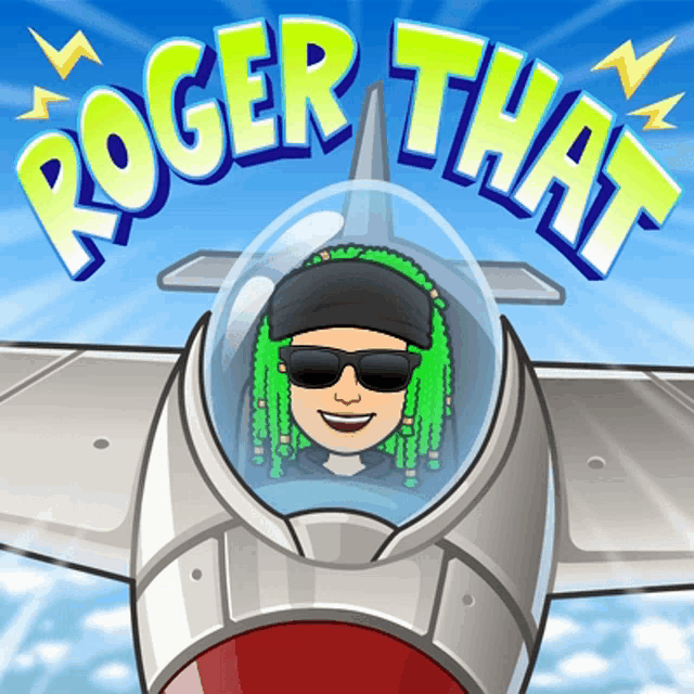 a cartoon of a man with green dreadlocks is flying in a plane with the words roger that above him