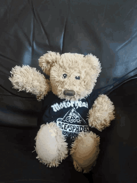 a teddy bear is wearing a motorhead ace spades shirt