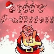 a cartoon of santa claus wearing a santa hat and giving the i love you sign .