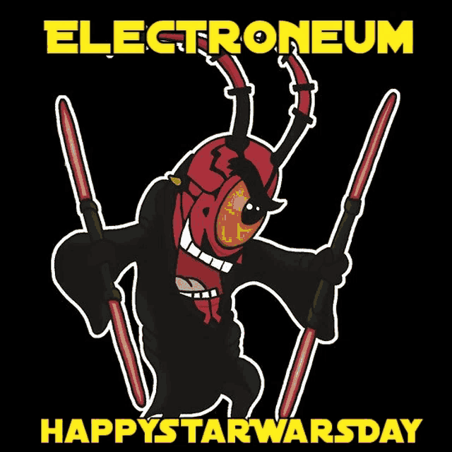 a poster that says electroneum happy star wars day with a cartoon character