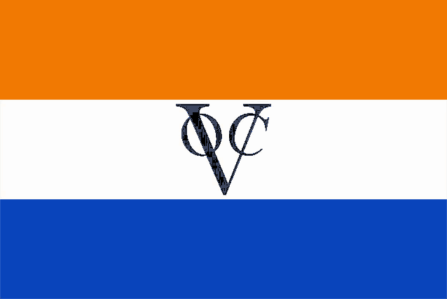 an orange white and blue flag with a black letter v