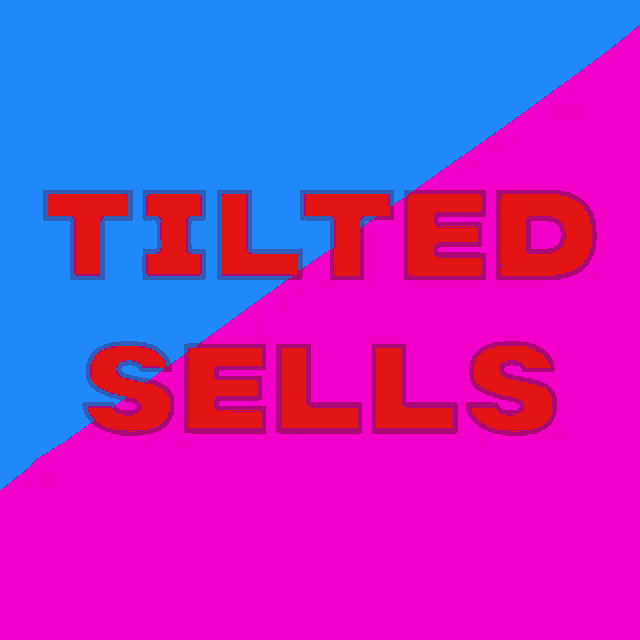 a blue and pink background with tilted sells in red