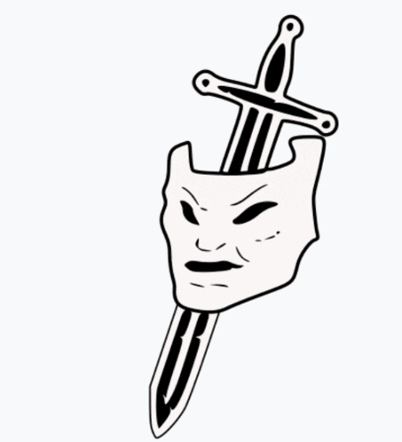 a black and white drawing of a sword coming out of a mask .