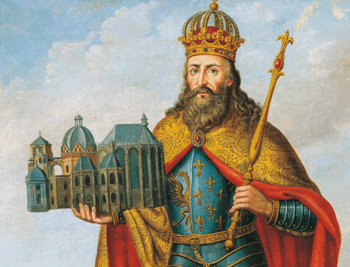 a painting of a king with a crown and a cane