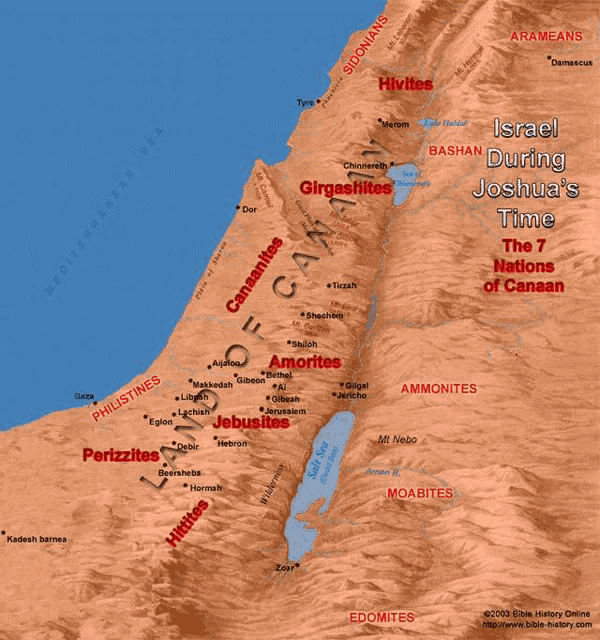 a map of israel during joshua 's time shows the 7 nations of canaan