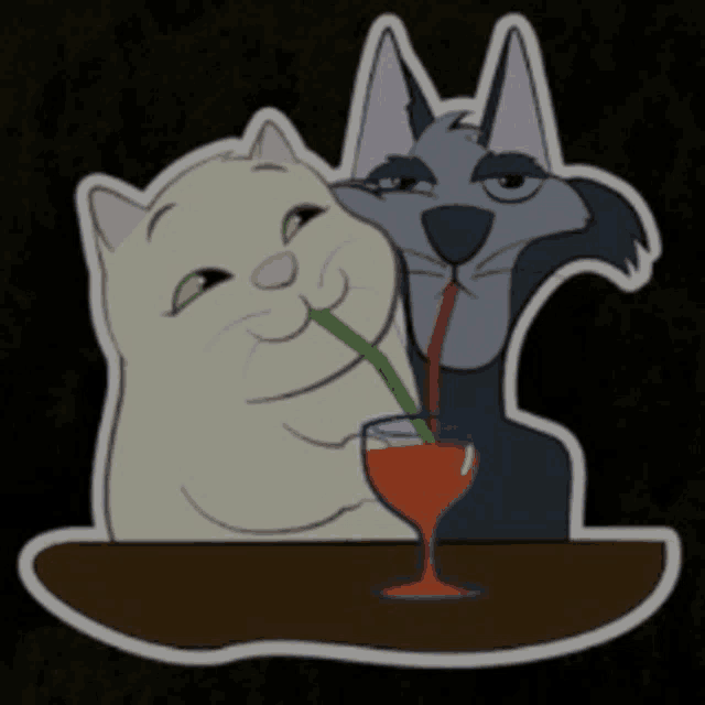 a cartoon of two cats drinking from a glass