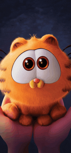 a cartoon cat with big eyes is being held by two hands