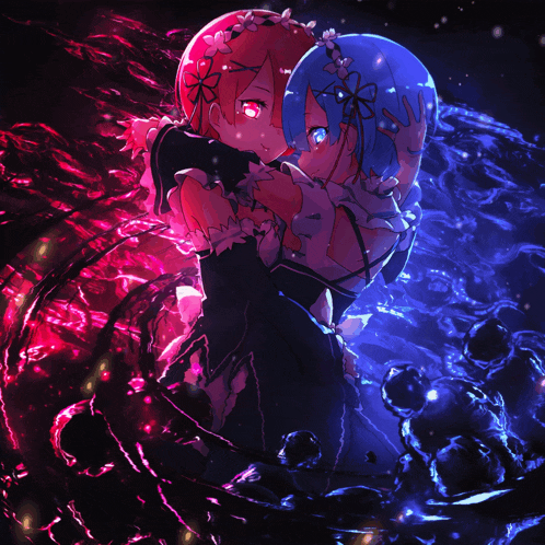 two anime characters are hugging each other in a dark background