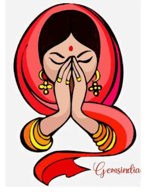 a cartoon drawing of a woman with her hands folded and the word gemsindia below her