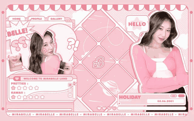 a girl in a pink sweater is on a pink background with a speech bubble that says hello