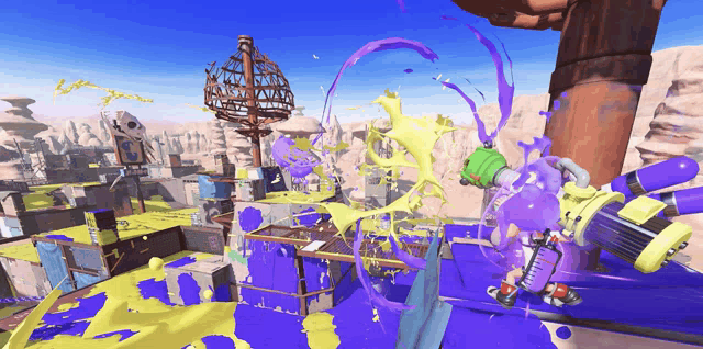 a video game is being played with purple and yellow paint splashing