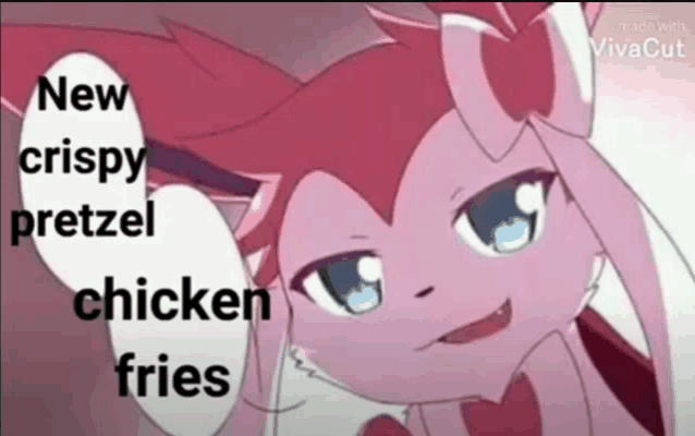 a pink pokemon is holding a sign that says `` new crispy pretzel , chicken fries '' .