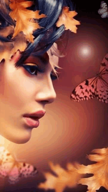 a close up of a woman 's face with a butterfly in the background