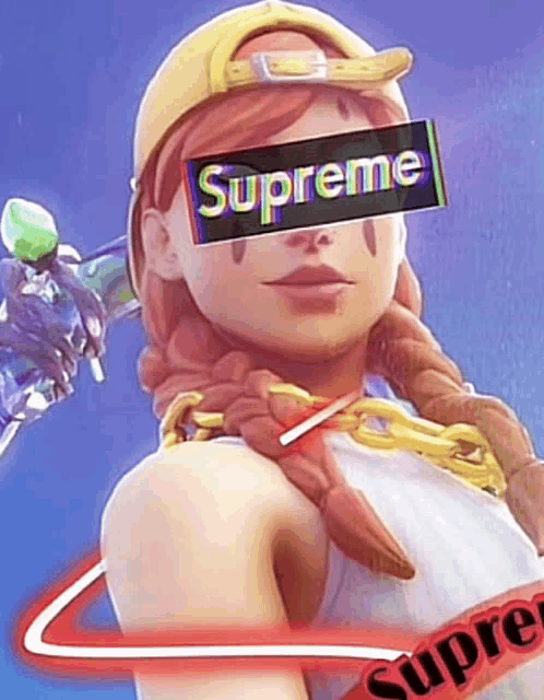 a girl with a supreme logo on her face