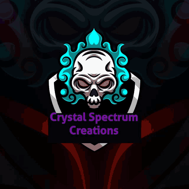 a logo for crystal spectrum creations features a skull with red eyes