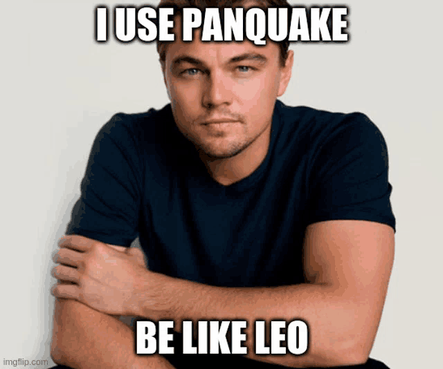 a man with his arms crossed has a meme on his face that says ' i use panquake be like leo '