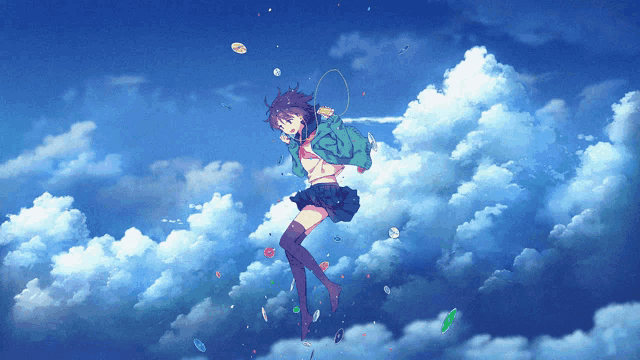 a girl in a school uniform is flying through a cloudy sky