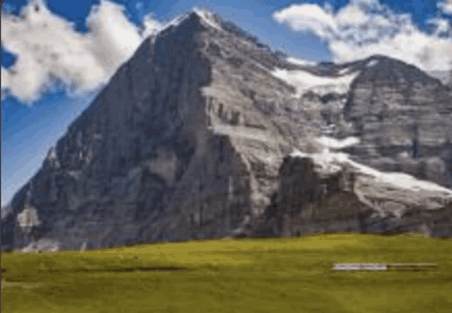 a large mountain covered in snow is surrounded by a grassy field .