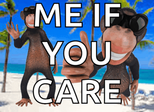 a picture of two monkeys with the words me if you care on it