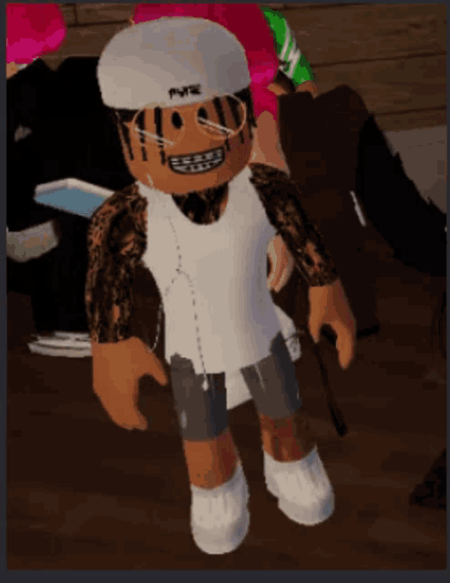 a roblox character is wearing a white hat that says pnre