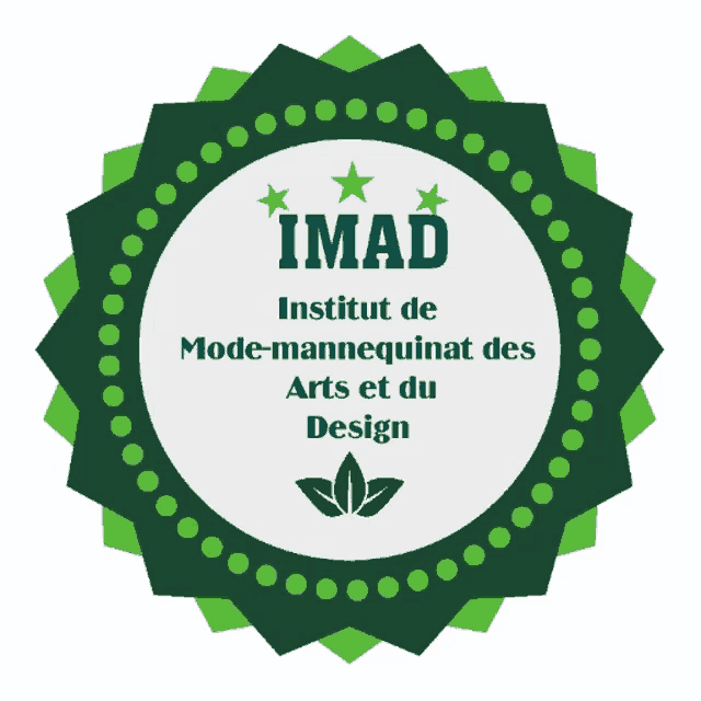 a green and white badge that says imad institut de mode-mannequinat des arts et du design