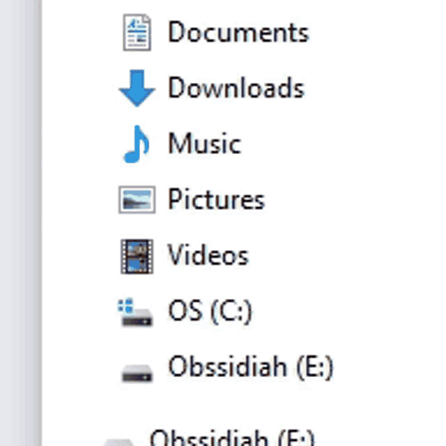 a screenshot of a computer screen showing icons for documents downloads music pictures videos and obssidiah