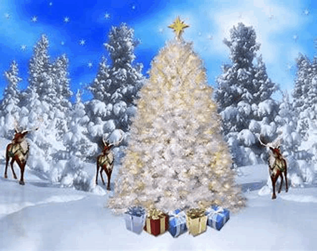 a christmas tree with gifts underneath it in a snowy forest with two reindeer .