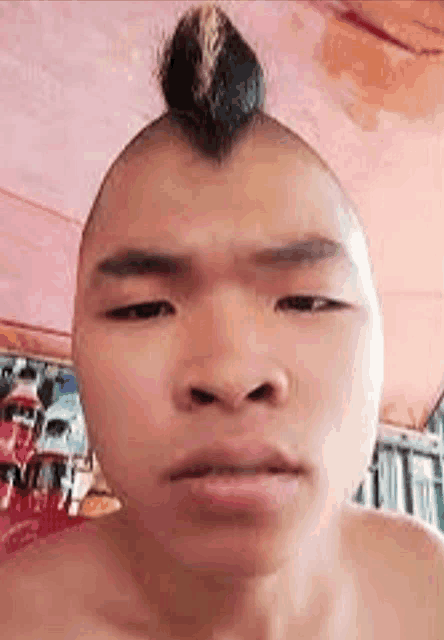 a shirtless man with a mohawk on his head is making a funny face .