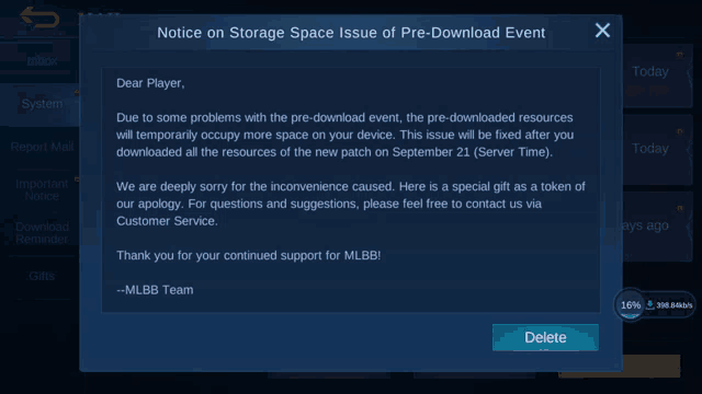 a notice on storage space issue of pre-download event is shown