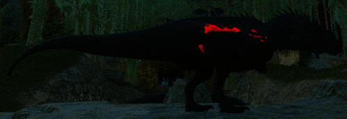 a black dinosaur with red lights on its back