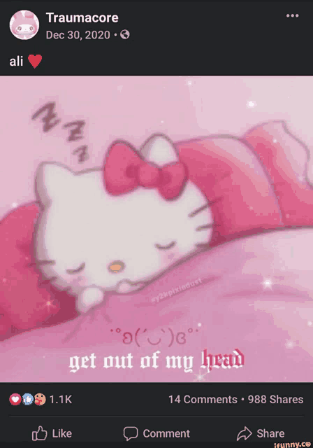 a facebook post with a picture of hello kitty sleeping