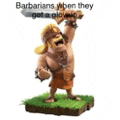 a statue of a barbarian from clash of clans holding a large axe .