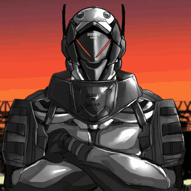 a black and white drawing of a futuristic soldier with a helmet that says ' hybrid ' on it