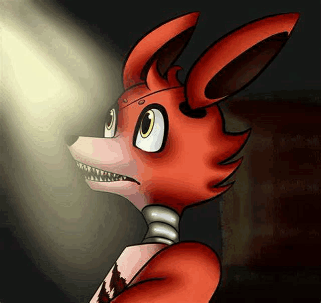 foxy from five nights at freddy 's is standing in a dark room with a light shining on his head .