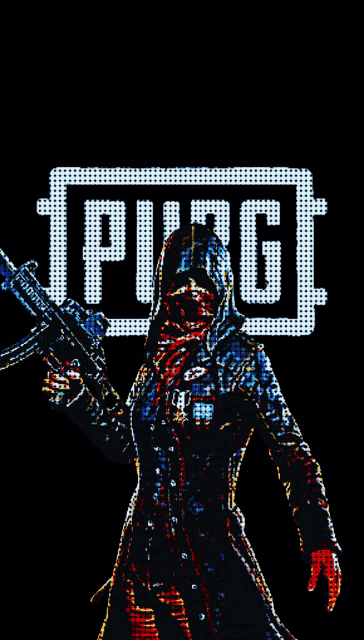 a pixel art of a person holding a gun with the word pubg in the background