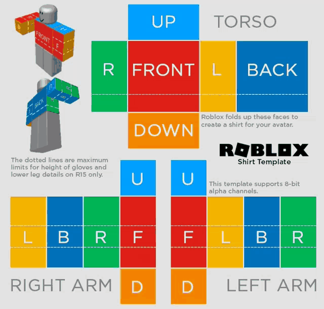 a template for a roblox shirt shows the front and back