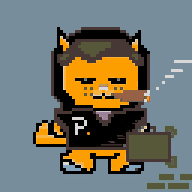 a pixel art of a cat smoking a cigar and holding a briefcase with the letter p on it