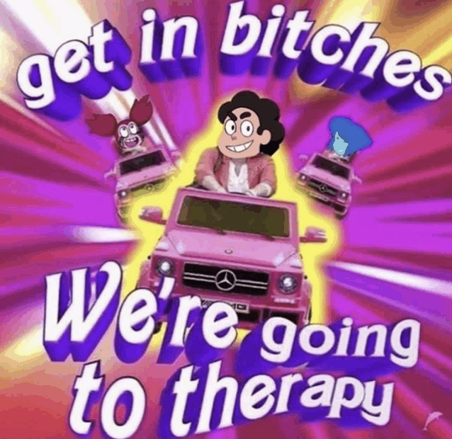 a cartoon character is driving a pink car with the words get in bitches we 're going to therapy written on it