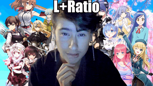 a man stands in front of a collage of anime characters with the words l + ratio below him