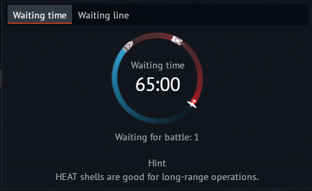 a screen shows a waiting time of 65:00 and a hint that heat shells are good for long-range operations