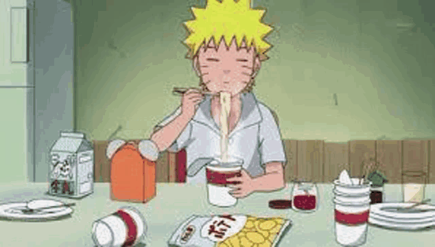 a cartoon character is sitting at a table eating ramen with chopsticks .