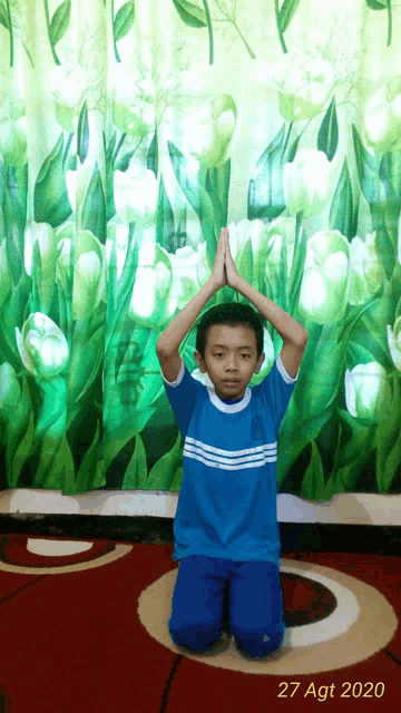 a boy in a blue shirt is kneeling down in front of a curtain with flowers and the date 27 agt 2020