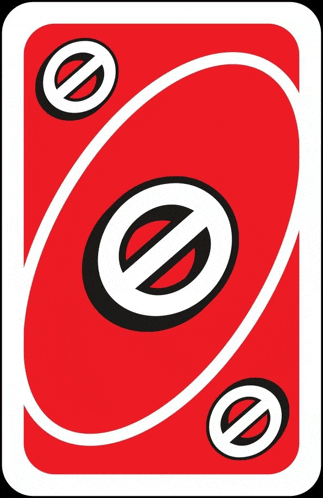 a red uno card with a black and white symbol