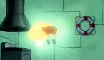 a cartoon scene from spongebob squarepants with a life preserver on the wall and a stove .