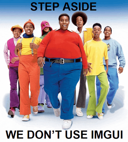 a group of people standing next to each other with the words " step aside we don 't use imgur " on the bottom