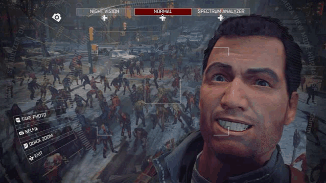 a screenshot of a video game shows a man taking a selfie