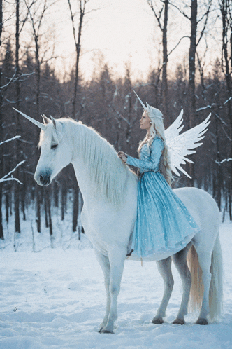 a woman in a blue dress is riding on the back of a white unicorn in the snow