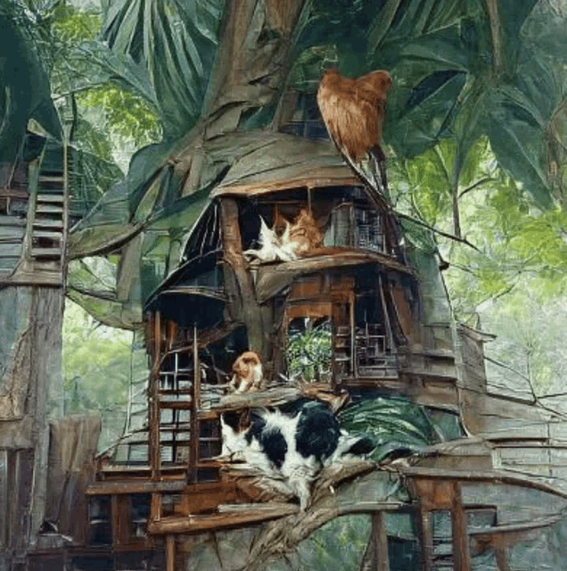 a painting of a tree house with cats and a bird .