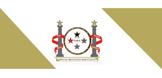 a logo for the oma official managers association on a white and gold background