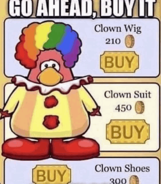 a cartoon of a clown with a rainbow wig and shoes